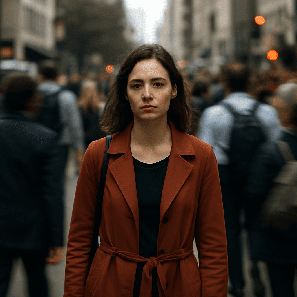 Pessoa caminhando sozinha em uma rua movimentada, cercada por uma multidão desfocada, simbolizando isolamento em meio à correria cotidiana.