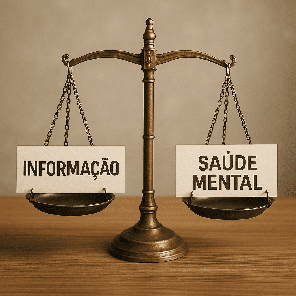 Balança equilibrando saúde mental e excesso de informação.
