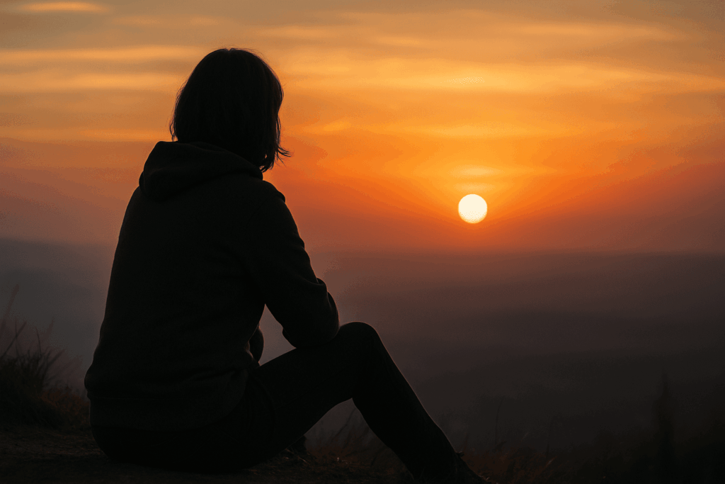 Pessoa sentada sozinha, observando o pôr do sol no horizonte, refletindo sobre o sentido da vida em um momento de pausa.