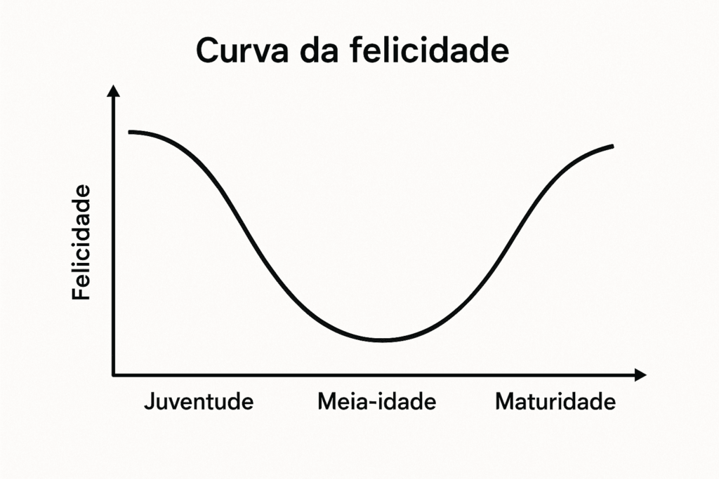Gráfico da curva da felicidade mostrando variação do bem-estar ao longo da vida.