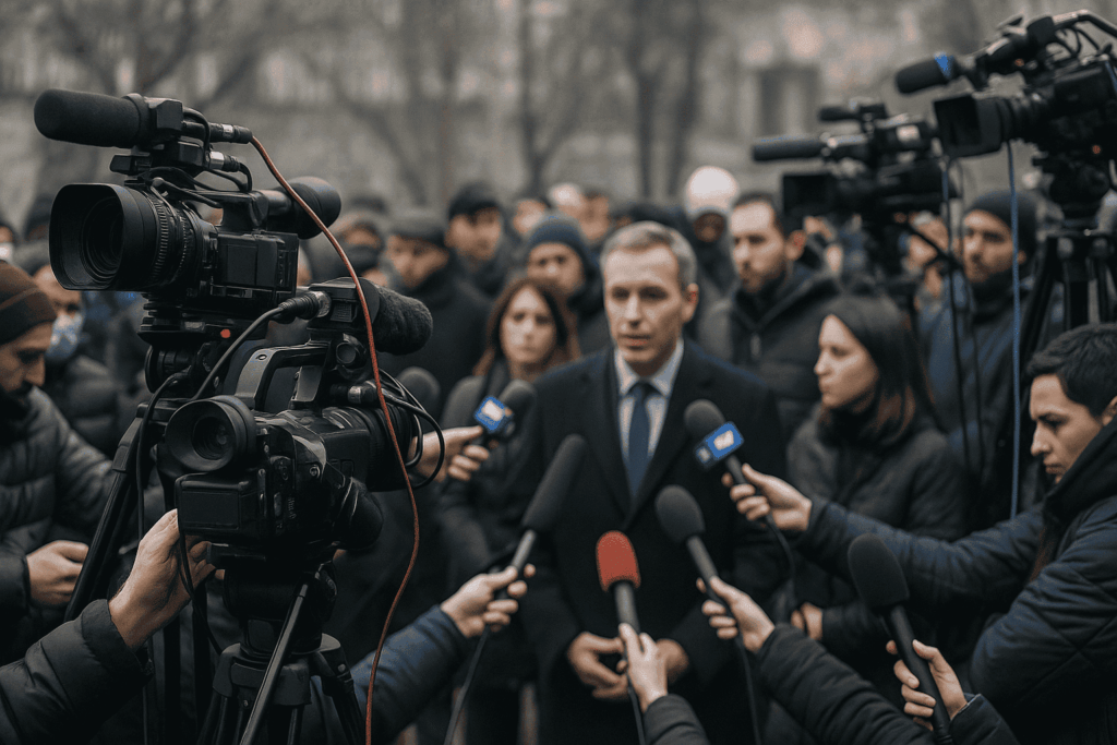 Repórter e cinegrafista cobrindo evento jornalístico