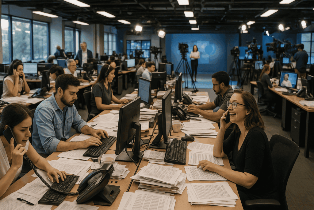 Ninguém faz jornalismo sozinho. Jornalistas trabalhando juntos em uma redação, com computadores, papéis, telefones e aquele ar de correria