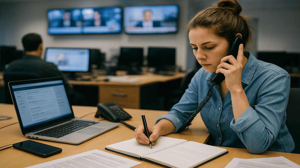 “Pauteiro organizando entrevistas em uma redação jornalística.